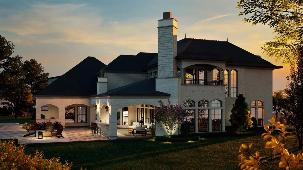 Resort-style backyard with swimming pool, patio, and outdoor seating at the Becky Jane house plan.