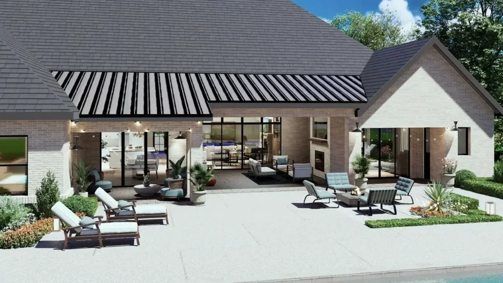Outdoor kitchen, covered patio, fire feature, and pool at the Hunters Glen house plan.