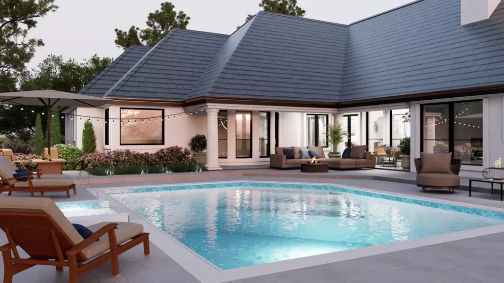 Rear exterior of the Bali Hai house plan featuring a resort-style swimming pool and spacious outdoor living area.