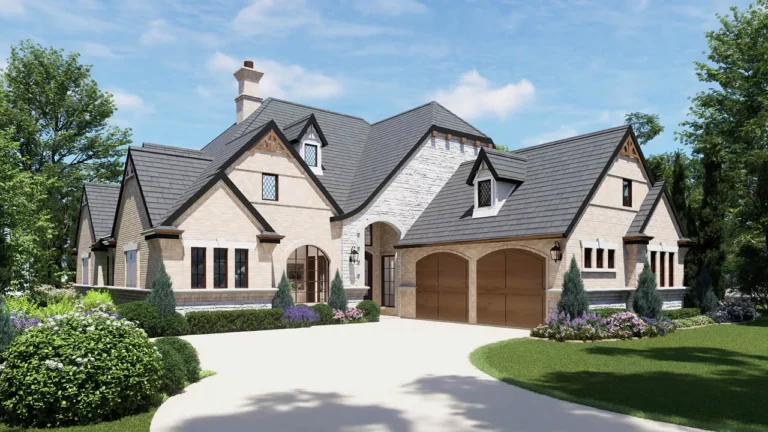 Medinah luxury house plan front exterior rendering with steep gabled rooflines, covered entry, three-car garage, and landscaped circular drive.