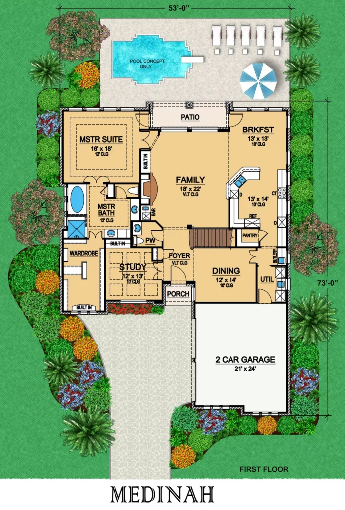 Medinah first-floor house plan showing the flow between the foyer, family room, kitchen, dining areas, primary suite, garage, and patio.