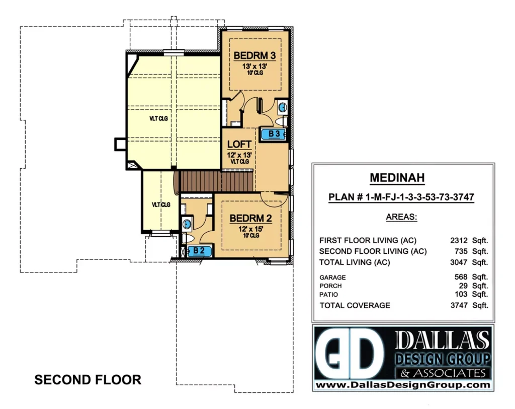 Medinah second-floor house plan showing two bedrooms, bathrooms, loft, staircase, and open areas below.