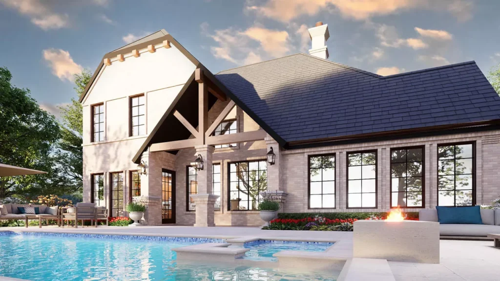 Medinah rear exterior rendering showing the covered patio, timber details, expansive windows, and swimming pool.