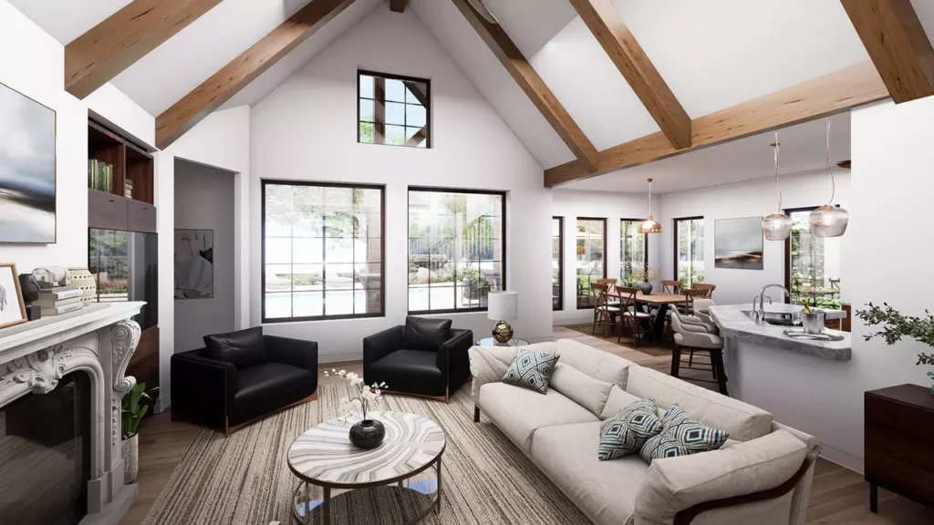 Medinah interior rendering showing the vaulted family room, gourmet kitchen, breakfast area, large windows, and outdoor living beyond.
