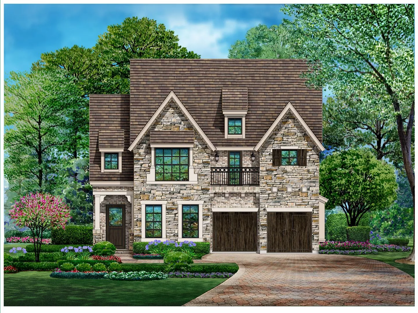 Ruby Peak luxury home plan with elegant stone and brick exterior.