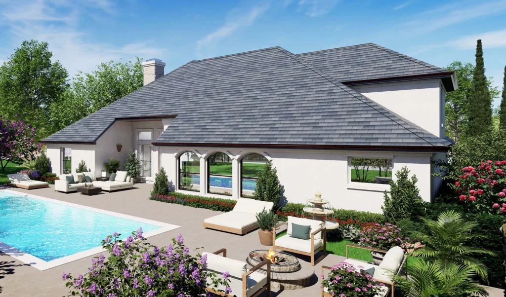 Rear exterior of the Waterstone house plan featuring a swimming pool, spacious patio, and landscaped outdoor living area.
