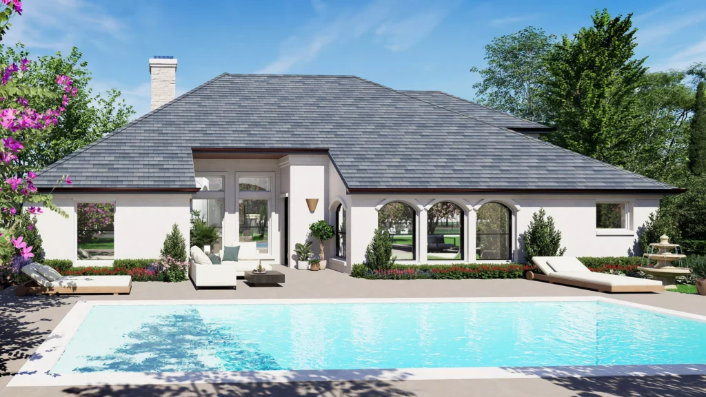 Rear exterior of the Waterstone house plan featuring a swimming pool, spacious patio, and landscaped outdoor living area.