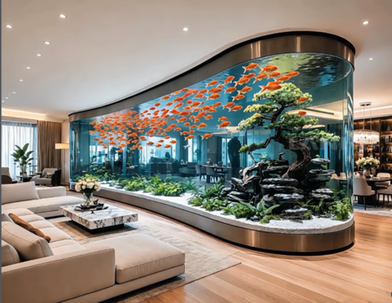 Curved built-in aquarium as a focal point in a modern open-concept home.