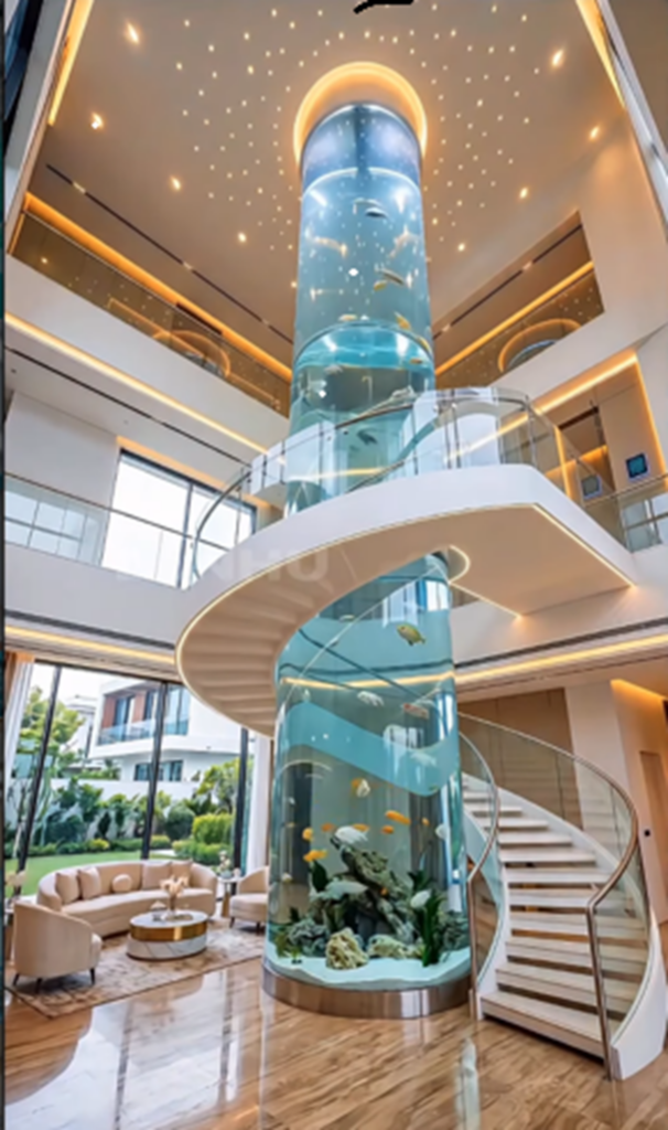A floor-to-ceiling cylindrical aquarium surrounded by a spiral staircase in a contemporary luxury home. Floor-to-ceiling cylindrical aquarium with a spiral staircase in a modern luxury home.