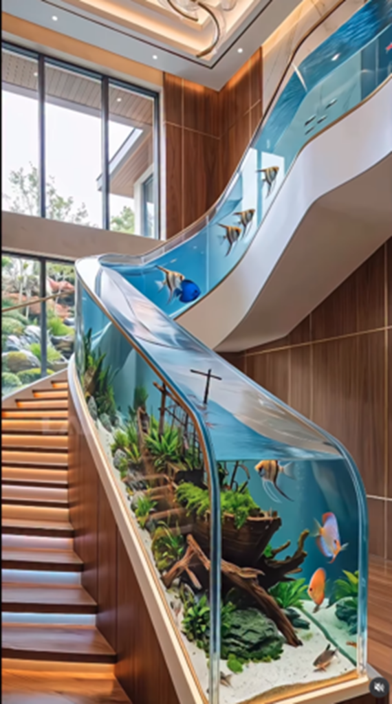 Modern staircase featuring a built-in aquarium handrail with tropical fish and aquatic plants.