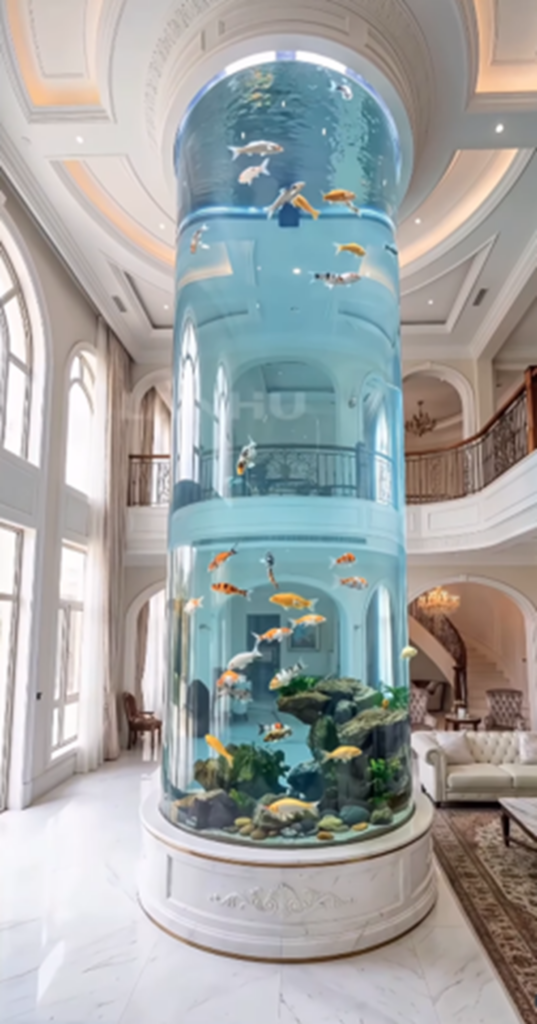 Multi-Story Cylindrical Aquarium Floor-to-ceiling cylindrical aquarium spanning multiple stories in a luxury home's grand foyer.